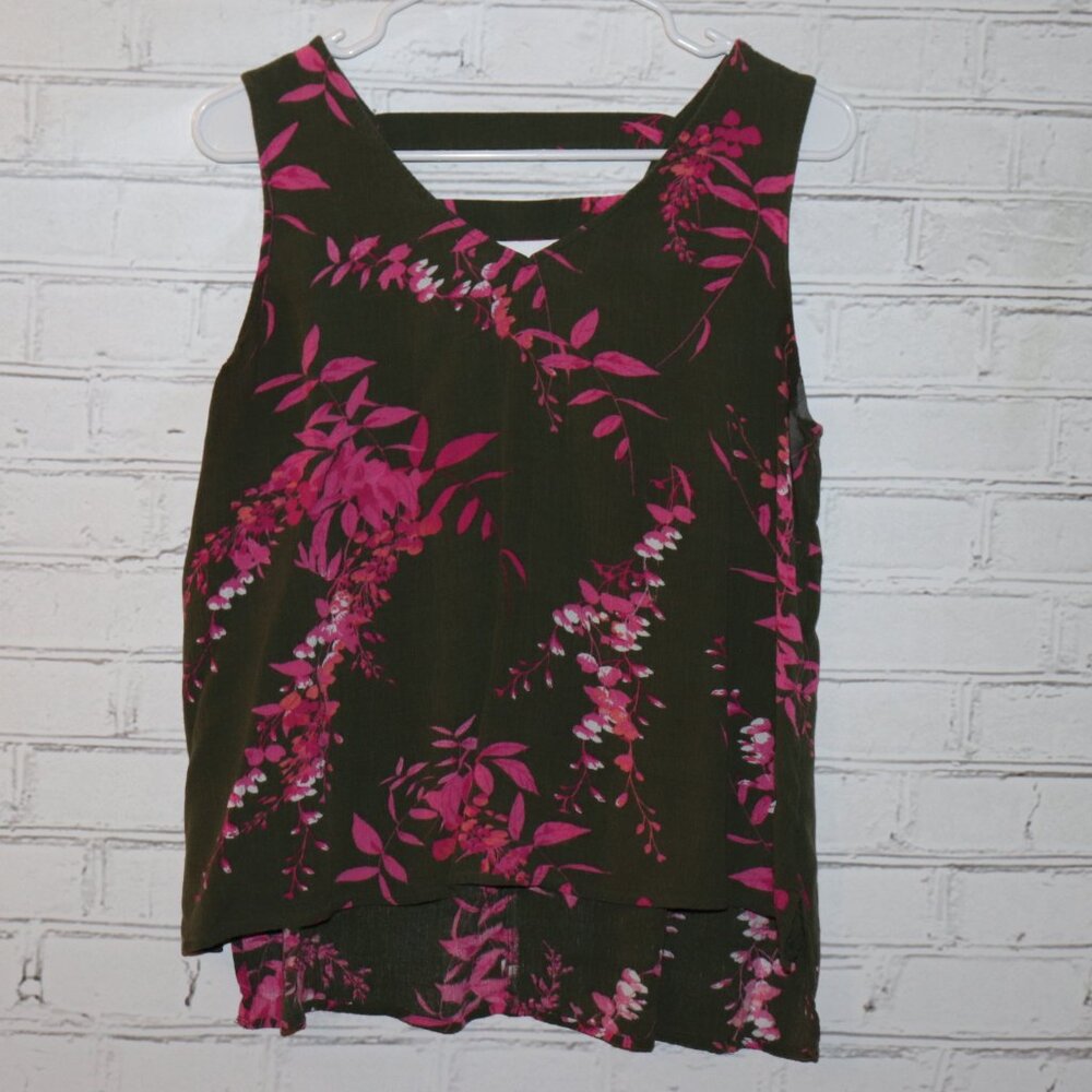 🌿 ana Sleeveless Floral Blouse · Women’s Large · Olive Green + Pink